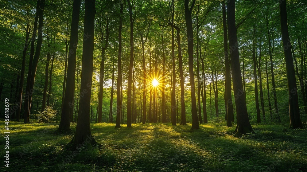 Naklejka premium Forest Scene at Sunrise with Sunburst and Lush Greenery Creating Peaceful Atmosphere