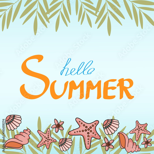 Vector cartoon style hello summer banner. Background of sea shore with colorful seashells and tropical cocktail. Good sunny day. Hello summer text.