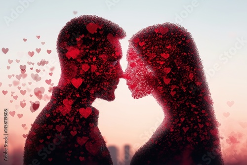 Silhouette of a couple formed from red hearts in romantic atmosphere