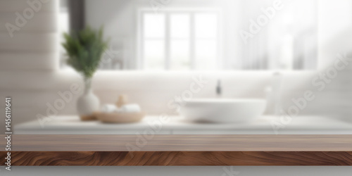 Wooden tabletop counter. out of focus bathroom. copy space