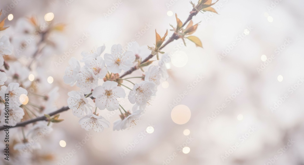 Blooming White Blossoms on Branch with Bokeh Lights Blooming White Blossoms on Branch with Bokeh Lights