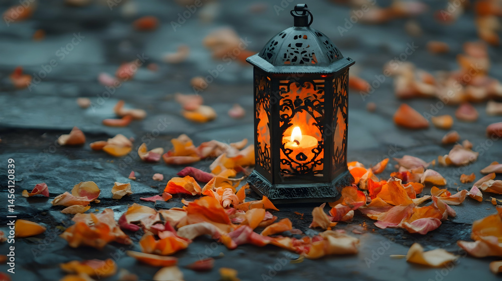 Illuminated lantern surrounded by fallen autumnal petals on a stone surface Illuminated lantern surrounded by fallen autumnal petals on a stone surface