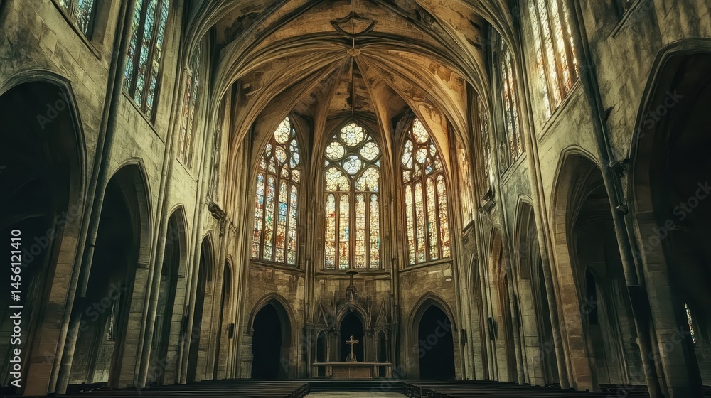 Fototapeta premium Majestic gothic cathedral interior revealing intricate architecture and stained glass windows conveying a sense of history and spirituality