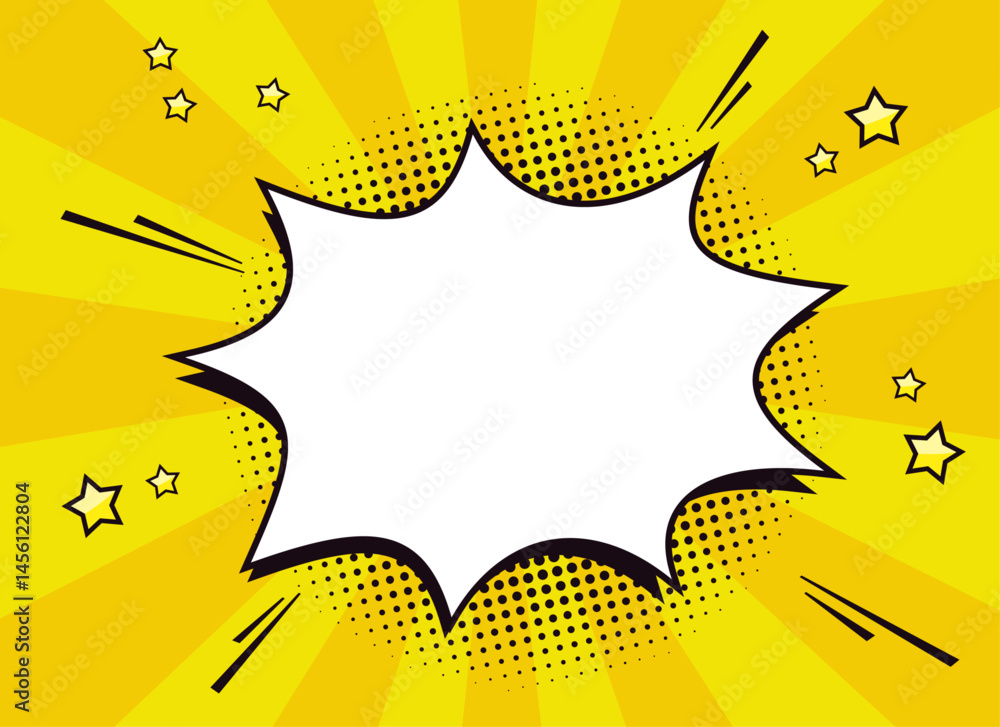 Naklejka premium Blank comic speech bubble template for text in retro pop art style with halftone dots, stars, quotation marks and ray background. Vector illustration.