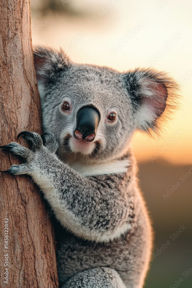 Fototapeta premium Koala mother with baby clinging to back, eucalyptus tree in soft sunset, loving moment, Copy SpaceOutstanding and eye-catching appeal, Tell a Story, Complete subject in frame