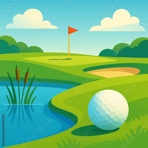 Golf Ball Near Water on Course with Flag and Blue Sky