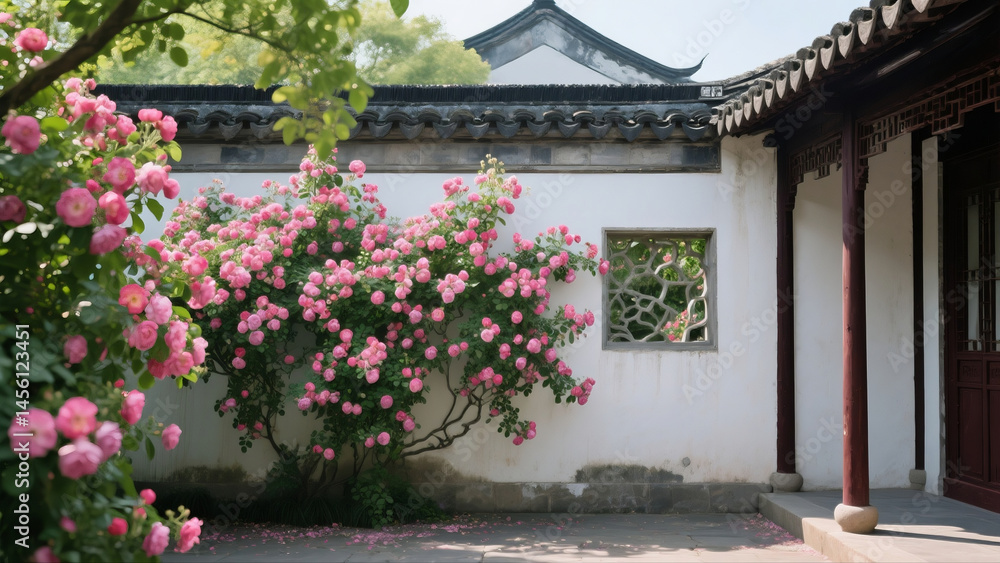 Fototapeta premium Roses bloom in ancient Chinese gardens