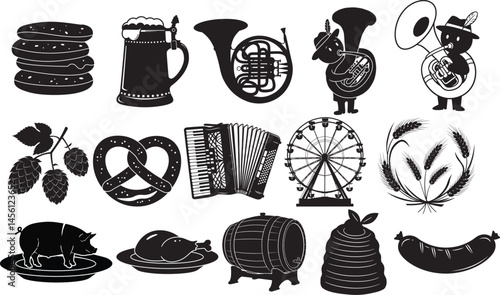 Trendy collection of diverse Oktoberfest and Bavarian cultural icons and elements in silhouette form perfect for festival designs