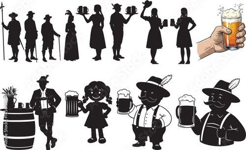 Trendy collection of Oktoberfest people silhouettes enjoying beer and celebration in traditional Bavarian attire