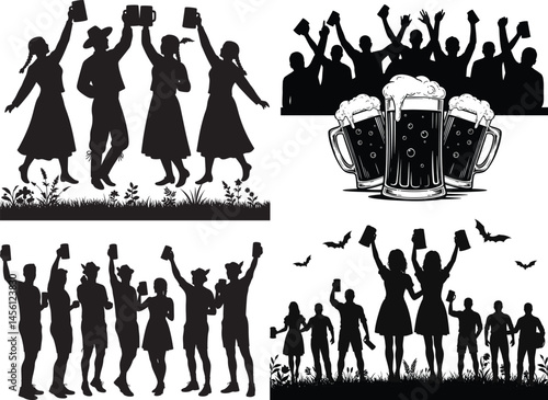 Trendy illustration of lively crowds and beer steins celebrating Oktoberfest with energy and excitement  