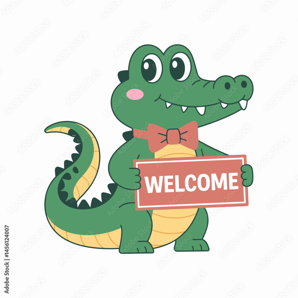 Obraz premium Cute Cartoon Alligator Holding a Welcome Sign