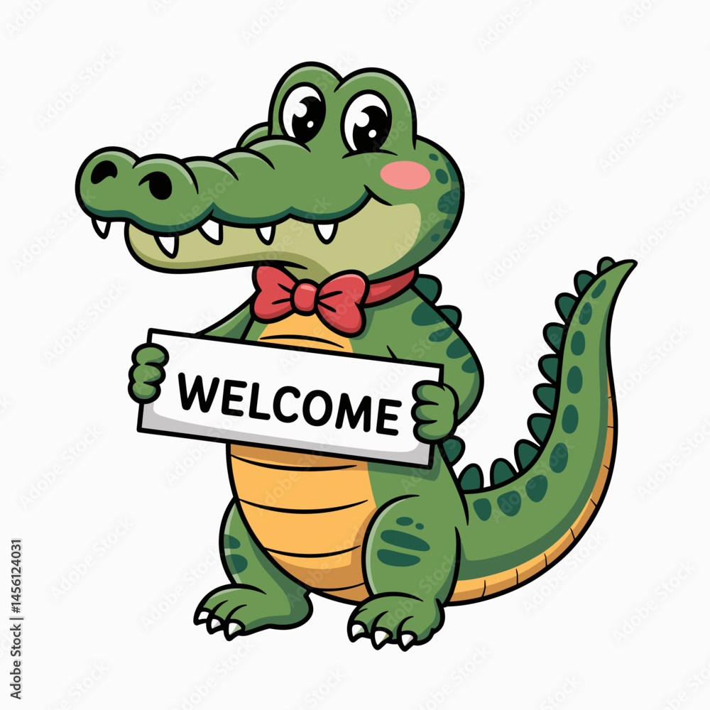 Fototapeta premium Cute Cartoon Alligator Holding a Welcome Sign