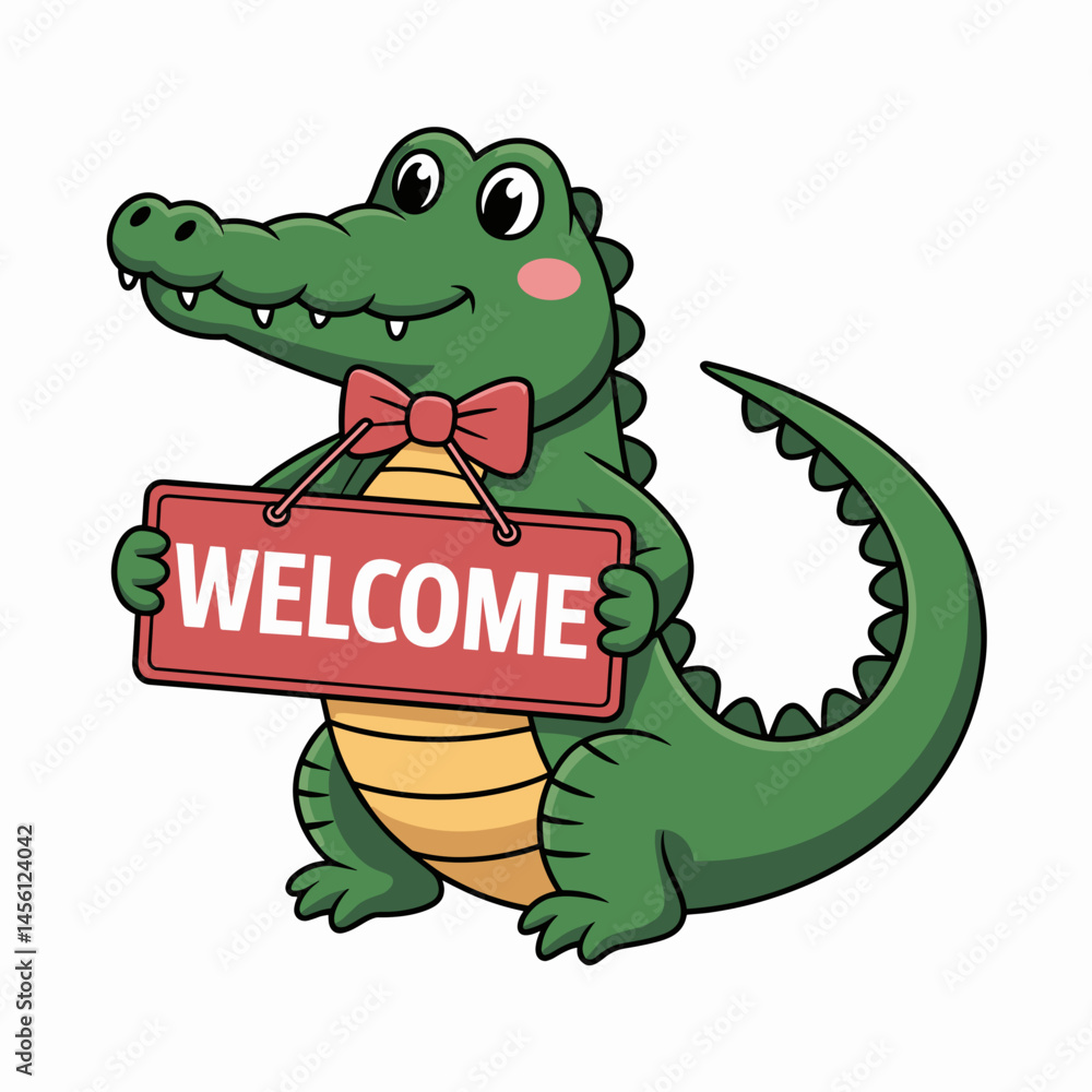 Fototapeta premium Cute Cartoon Alligator Holding a Welcome Sign