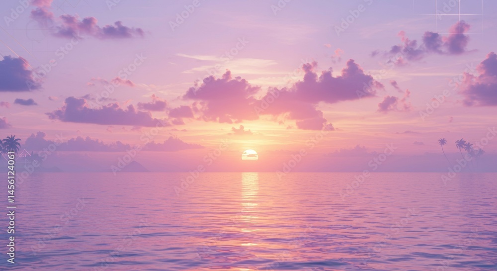Fototapeta premium Ocean Sunset with Palm Trees and Pink Sky Serenity