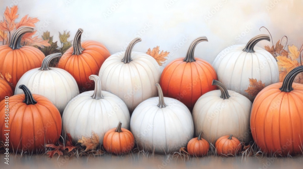 A vibrant arrangement of orange and white pumpkins nestled among autumn leaves, ideal for seasonal decorations, marketing materials, or Thanksgiving-themed projects, Perfect for a cozy fall vibe, A vibrant arrangement of orange and white pumpkins nestled among autumn leaves, ideal for seasonal decorations, marketing materials, or Thanksgiving-themed projects, Perfect for a cozy fall vibe,
