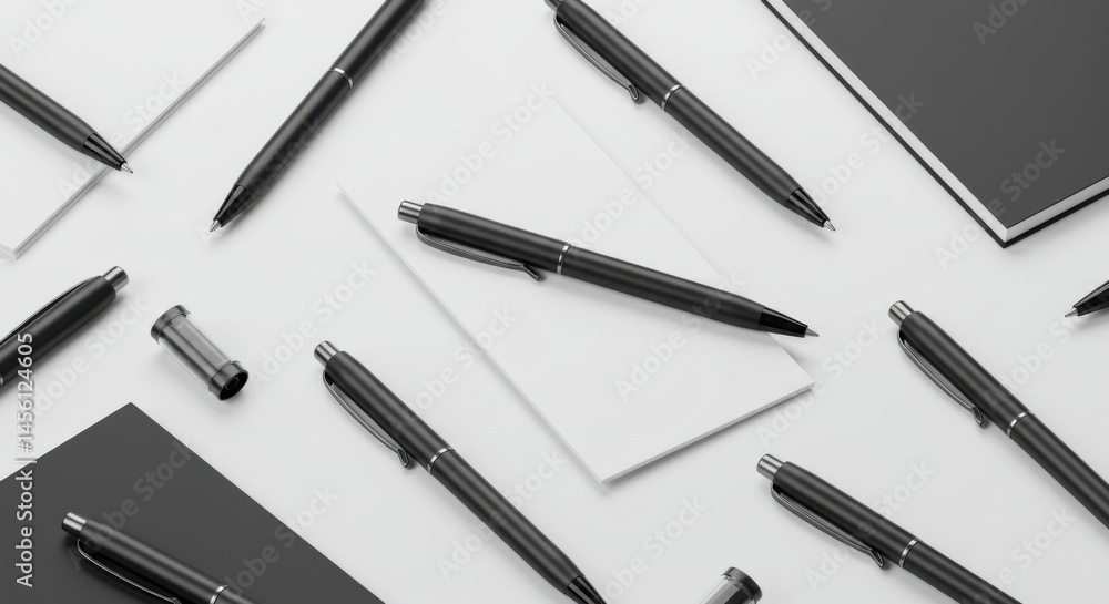 Arrangement of Pens and Notepads on White Background Arrangement of Pens and Notepads on White Background