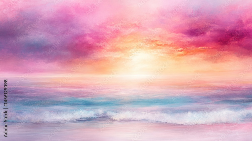 Fototapeta premium A vibrant seascape at sunset, showcasing vivid colors of pink, orange, and blue blending in the sky and reflecting on tranquil waters, Perfect for peaceful backgrounds, relaxation themes