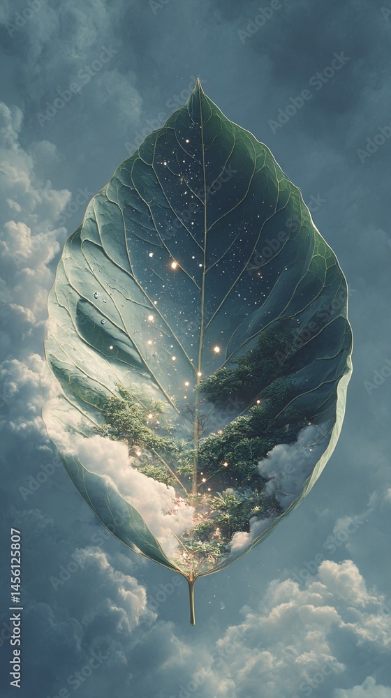 Obraz premium A vivid sky-floating leaf with sparkling particles and a dense forest embedded inside. Suited for eco-friendly, fantasy, or surreal promotional artwork.