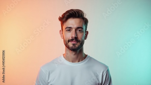 Studio photo. Caucasian male. Adult age. Neutral expression. Soft lighting. Gradient background. Casual clothing. Digital marketing. Profile picture. Social media use. Influencer portrait. Profession