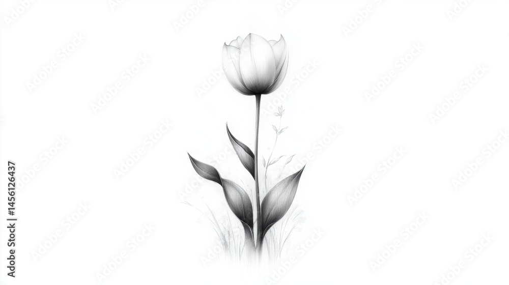 Obraz premium An elegant black and white illustration of a tulip with delicate leaves and subtle floral details, perfect for use in design projects, invitations, or nature-themed artwork,