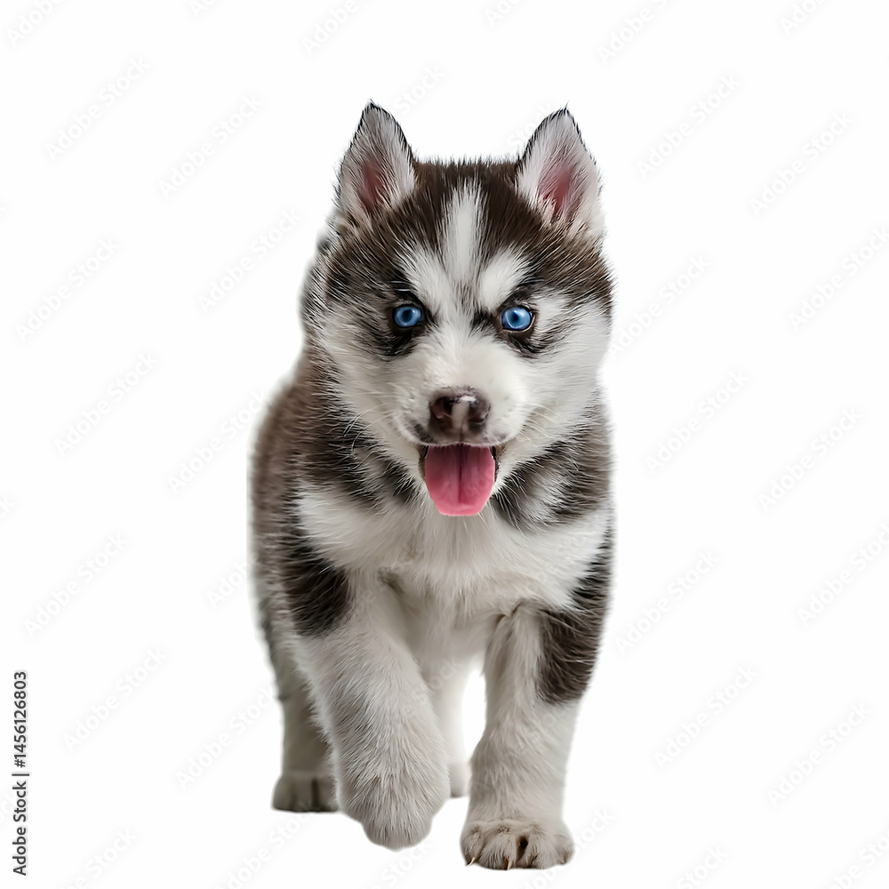 Adorable Siberian Husky Puppy: A charming Siberian Husky puppy with striking blue eyes and a playful expression walks towards the camera, tongue out, full of energy and cuteness. Adorable Siberian Husky Puppy: A charming Siberian Husky puppy with striking blue eyes and a playful expression walks towards the camera, tongue out, full of energy and cuteness.