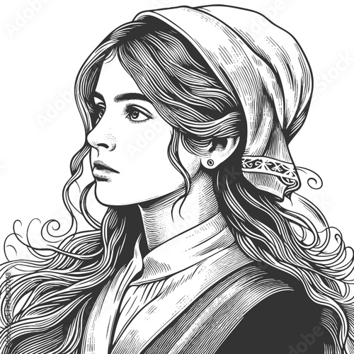 French peasant woman in traditional dress holding a basket and wheat, with floral background detail sketch engraving generative ai vector illustration. Scratch board imitation. Black and white image.