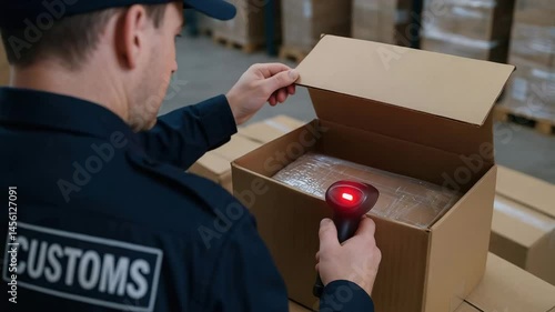 Customs officer scanning cargo box at port with barcode for inspection and security check during cargo customs inspection process