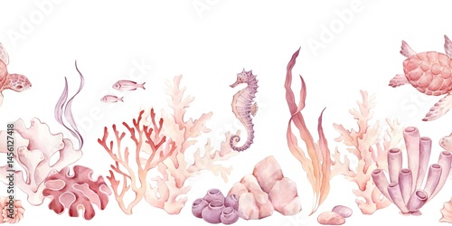 Marine animals, corals and seaweed in a seamless border. All elements are hand drawn in watercolor and isolated. Marine themed border in soft colors