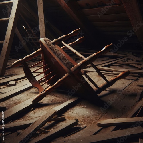 Overturned wooden chair lying on a dusty attic floor its legs wo
