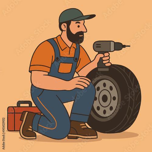 Mechanic Repairing Tire with Power Drill on Knees with Toolbox Nearby