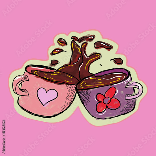 Hand drawn vector drawing of two coffee mugs knocking together. Two coffee mugs. Knocking and splashing coffee. Heart, flower, hand drawing.