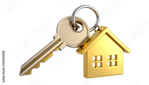 golden key and house keychain symbolize home ownership and security, representing dream of owning home. This evokes feelings of warmth and stability