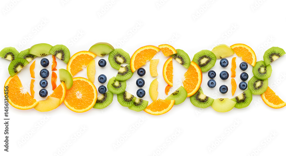 Obraz premium Vibrant Fruity Composition Of Orange Kiwi And Blueberries On White Backdrop