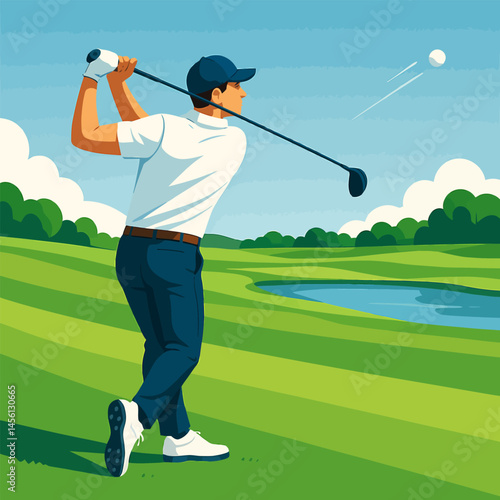Man Playing Golf Hitting Ball on Green Golf Course