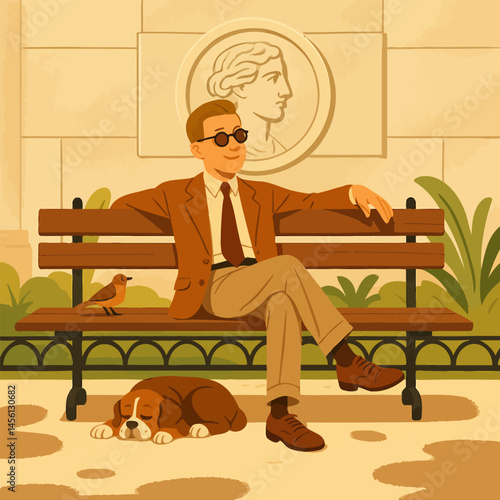Man Relaxing on Park Bench with Bird and Sleeping Dog