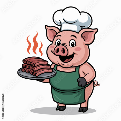 Cartoon Pig Chef Holding BBQ Ribs Platter