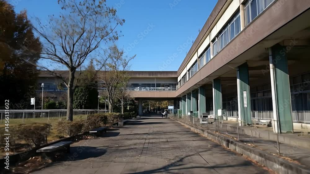 Two Story School Building with Sky Bridge on Sunny Day With Autumn Trees Two Story School Building with Sky Bridge on Sunny Day With Autumn Trees