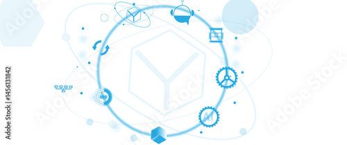 Vector AI chip surrounded by technology icons and digital blue circuits, futuristic design, white background,