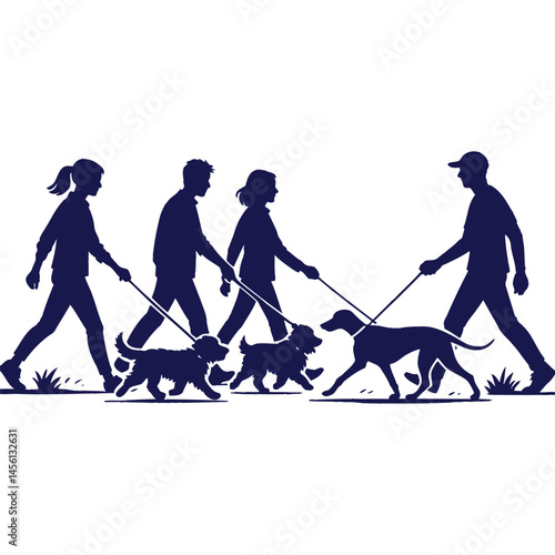 group of people walking together with dog.