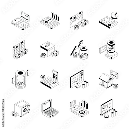 Get this trendy collection showing business and finance isometric icons