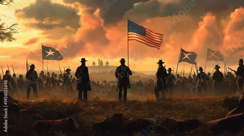 Epic Battle of Gettysburg Scene with Union and Confederate Generals Facing Off