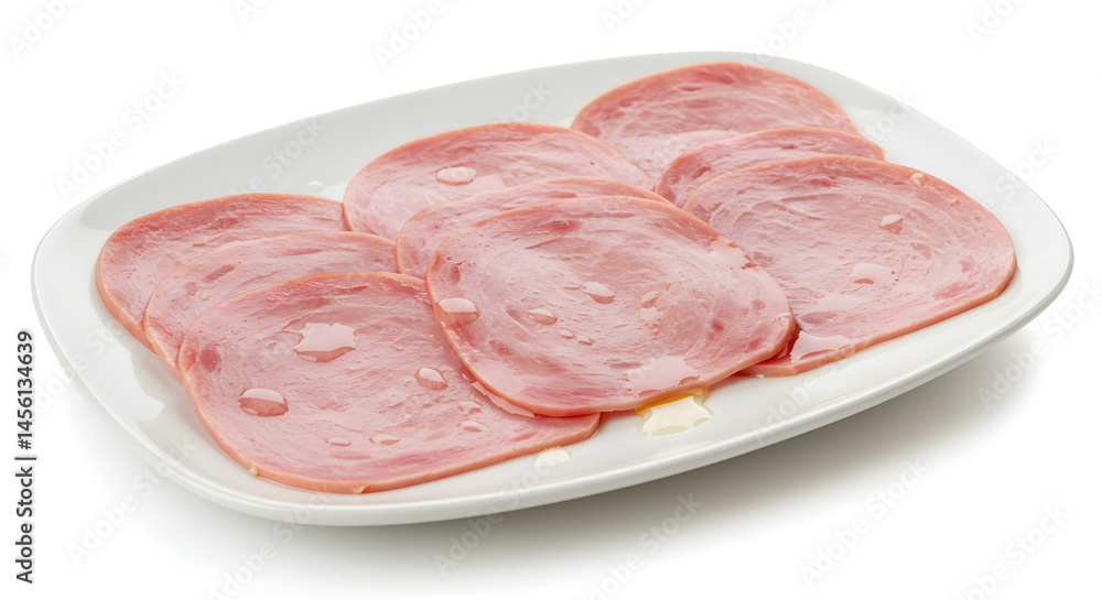 Close Up Of Tasty Cooked Ham Slices On White Plate Background Close Up Of Tasty Cooked Ham Slices On White Plate Background