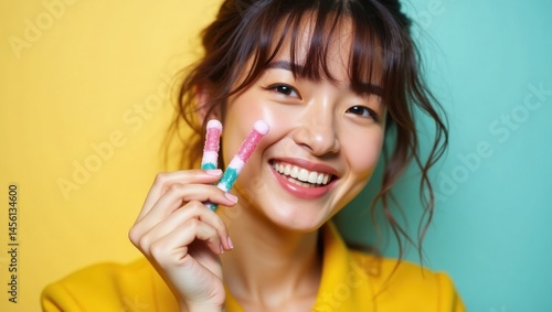 Wallpaper Mural Young Asian. Happy Asian woman holding colorful lollipop candy smiling Torontodigital.ca