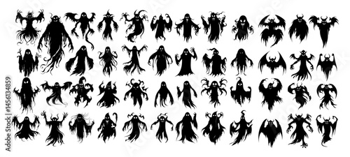 Black ink halloween evil spirit icons. Creepy spooky ghost poltergeist, scary soaring phantom, little funny revenant shade tiny wraith specter demon, isolated vector on white background