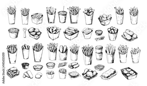 Black ink sketch fried potato. Vegetable crispy chips and dips, paper bags cups plates fast food street meal with gravy sauces, engraving monochrome isolated vector set on white background