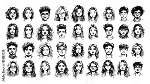Black Ink sketch human faces. Man woman portrait with glasses and modern hairstyles, hipster young person avatars characters, hand drawn monochrome engraving vector isolated set