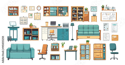 Cartoon clinic interior elements. Couch chair sofa table medical banners medicine locker document folders computer lampshade cabinet doctor hospital stuff, isolated vector set