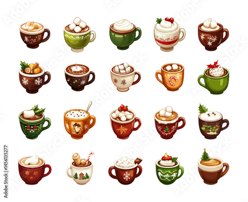 Cartoon christmas coffee mugs. Cups with cocoa and marshmallow winter warming xmas drinks, hot cream espresso chocolate glasses, holiday cappuccino beverages isolated vectors on white