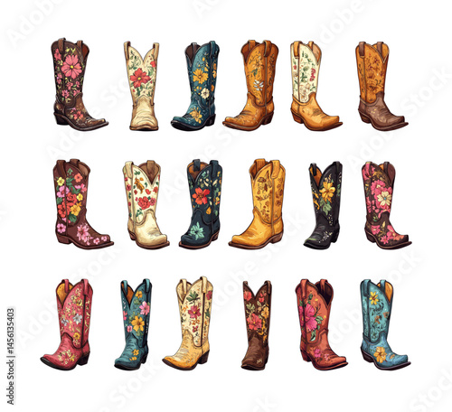 Cartoon cowboy boots. Wild west shoes with floral ornaments, traditional cowgirl american rancher unisex footwear cattleman leather accessories, isolated vector set
