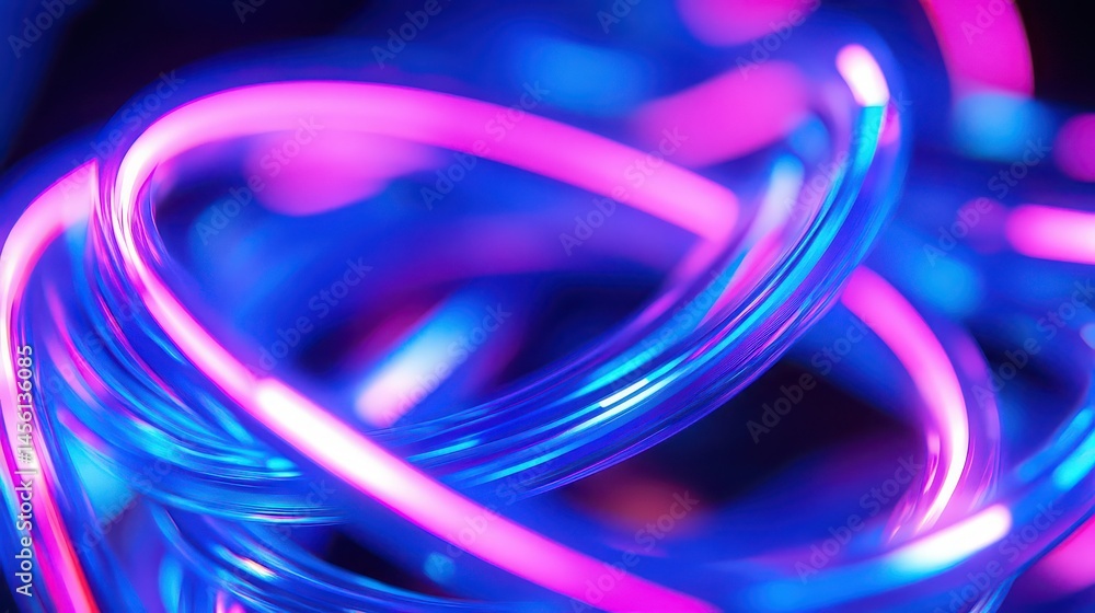 A close up of intertwined neon tubes glowing with blue and pink light in a dark environment A close up of intertwined neon tubes glowing with blue and pink light in a dark environment
